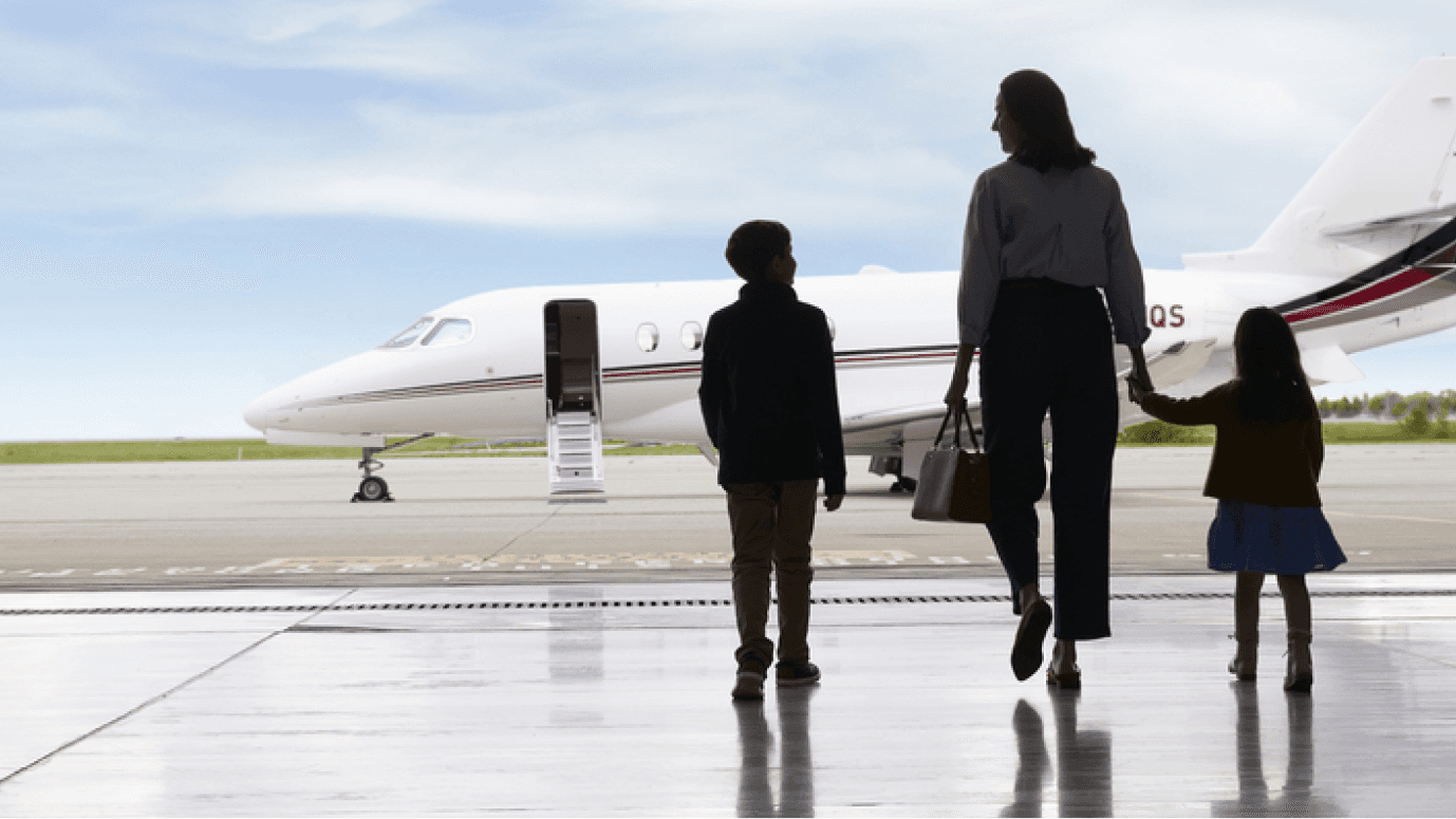 Mother and children boarding their aircraft